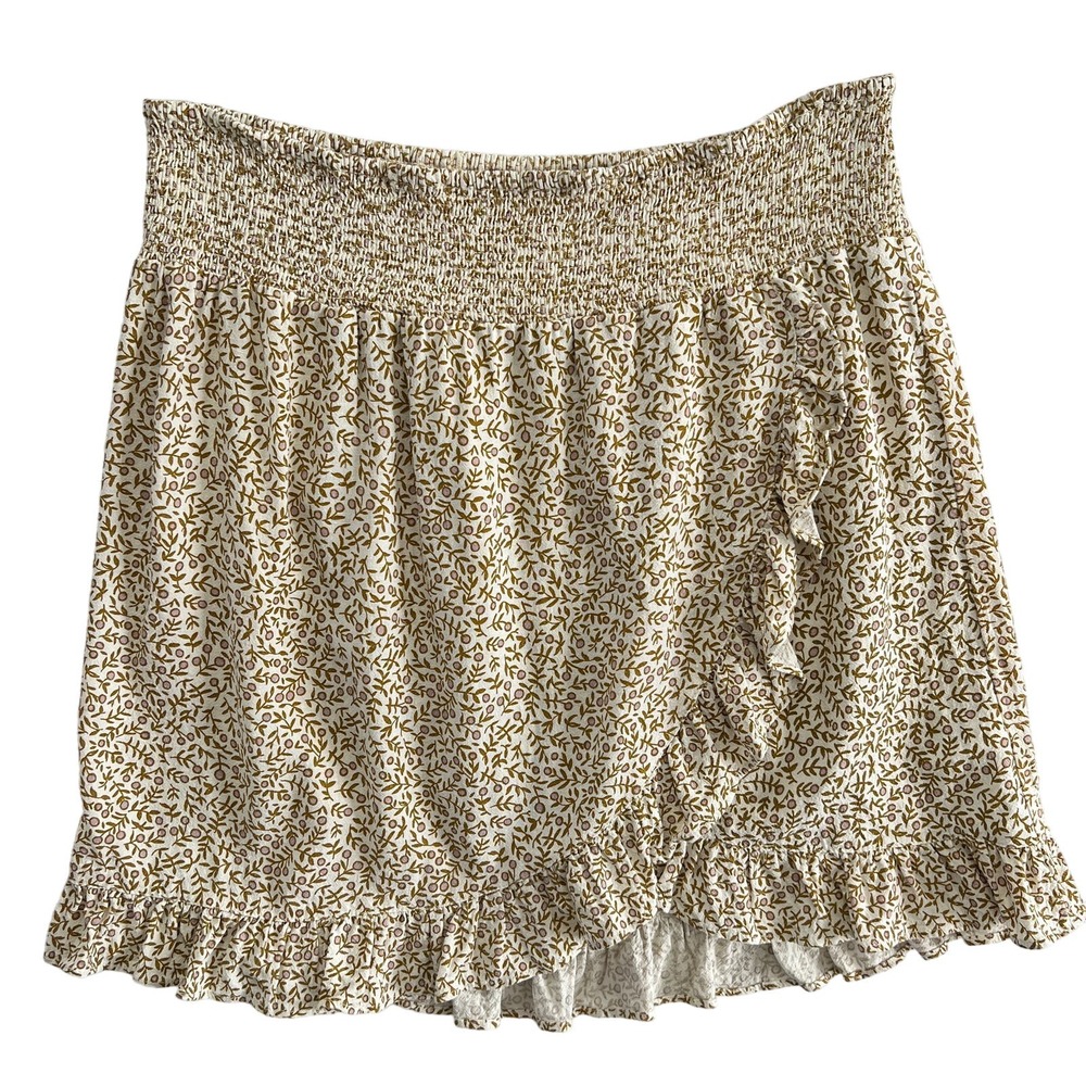 Rylee + Cru Floral Print Linen Blend Wrap Ruffle Smocked Skirt Size XL Gold